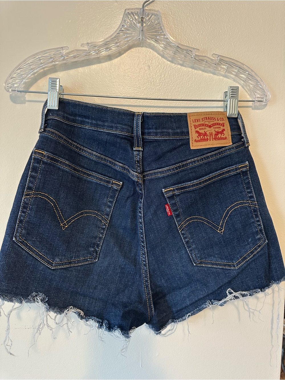 Levi's Dark Blue Denim Frayed Hem High-Rise Shorts
